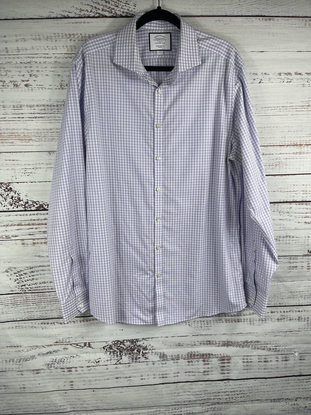 Charles Tyrwhitt Shirt Men's Extra Slim Fit 17 37 Purple Check Dress Non-Iron